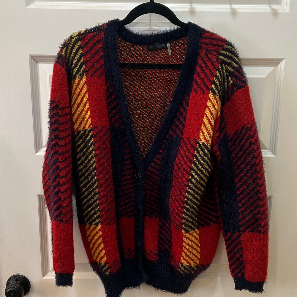 Stella + Lorenzo Red Plaid Cardigan with Navy and Yellow